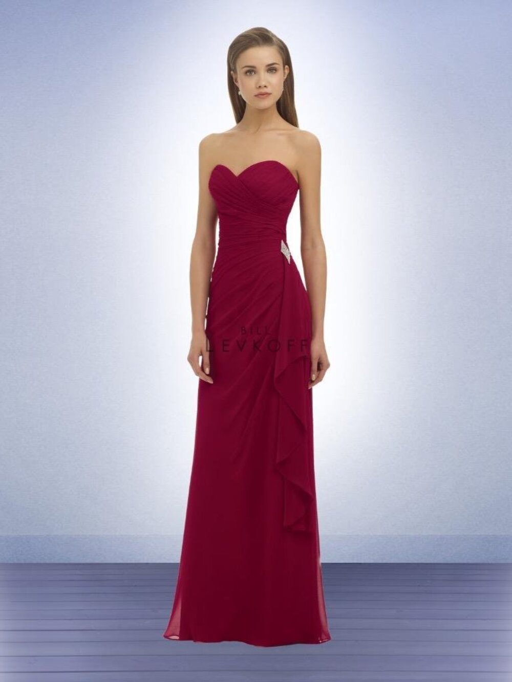 Bill Levkoff 330 Bridesmaid Dress Cranberry Red Strapless Chiffon Long 10